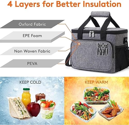 Miniatura 5 de KAV Bolsa térmica para almuerzo, lonchera grande aislada para bebidas de alimentos, área de almacenamiento de bolsa de almuerzo profunda de 15