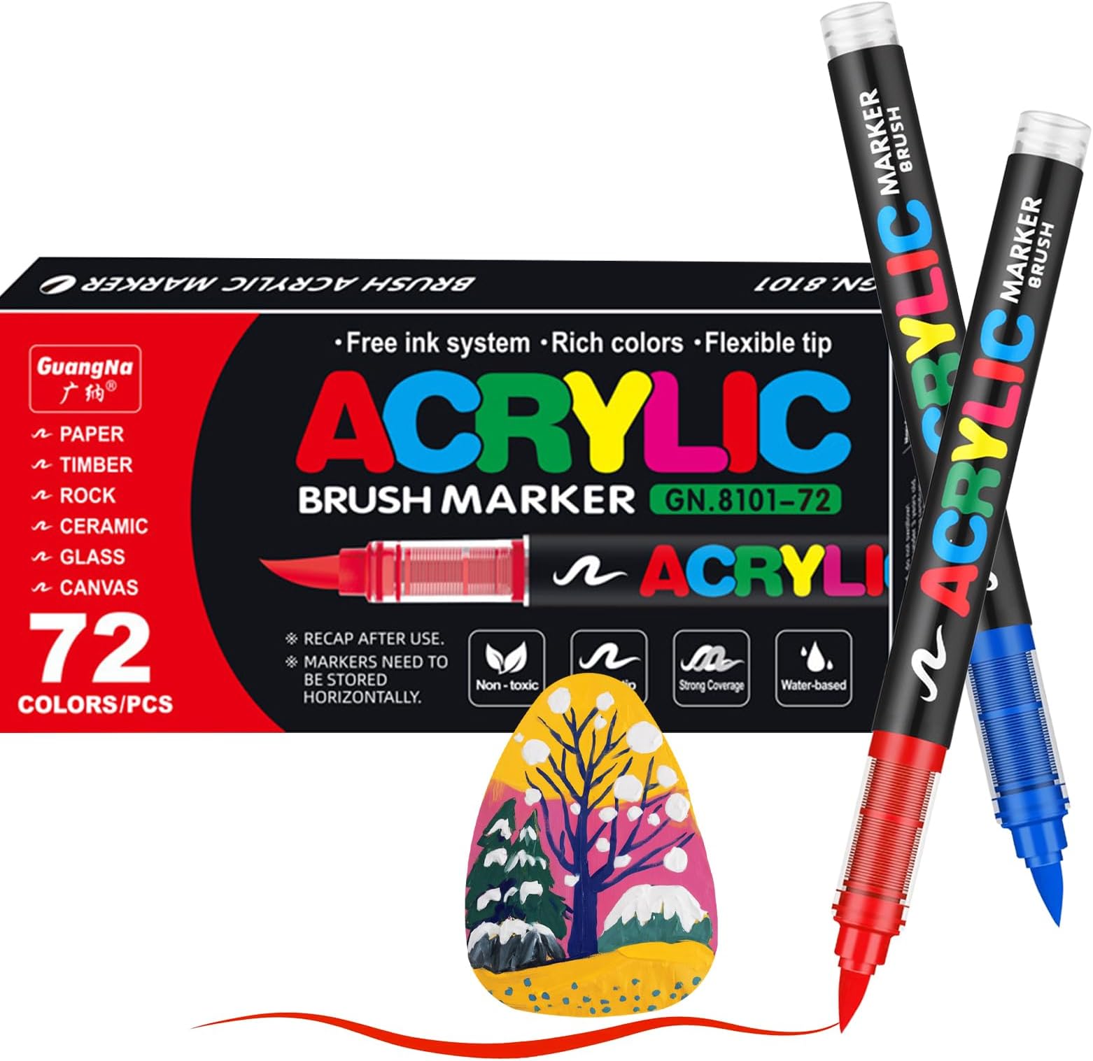 JRQ Acrylic Paint Markers Paint Pens, 72 Colors Direct Liquid System & Brush Tip, Acrylic Markers for Wood, Rock Painting, Glass, Canvas, Ceramic, Fabric, Plastic, DIY Art Crafts Supplies