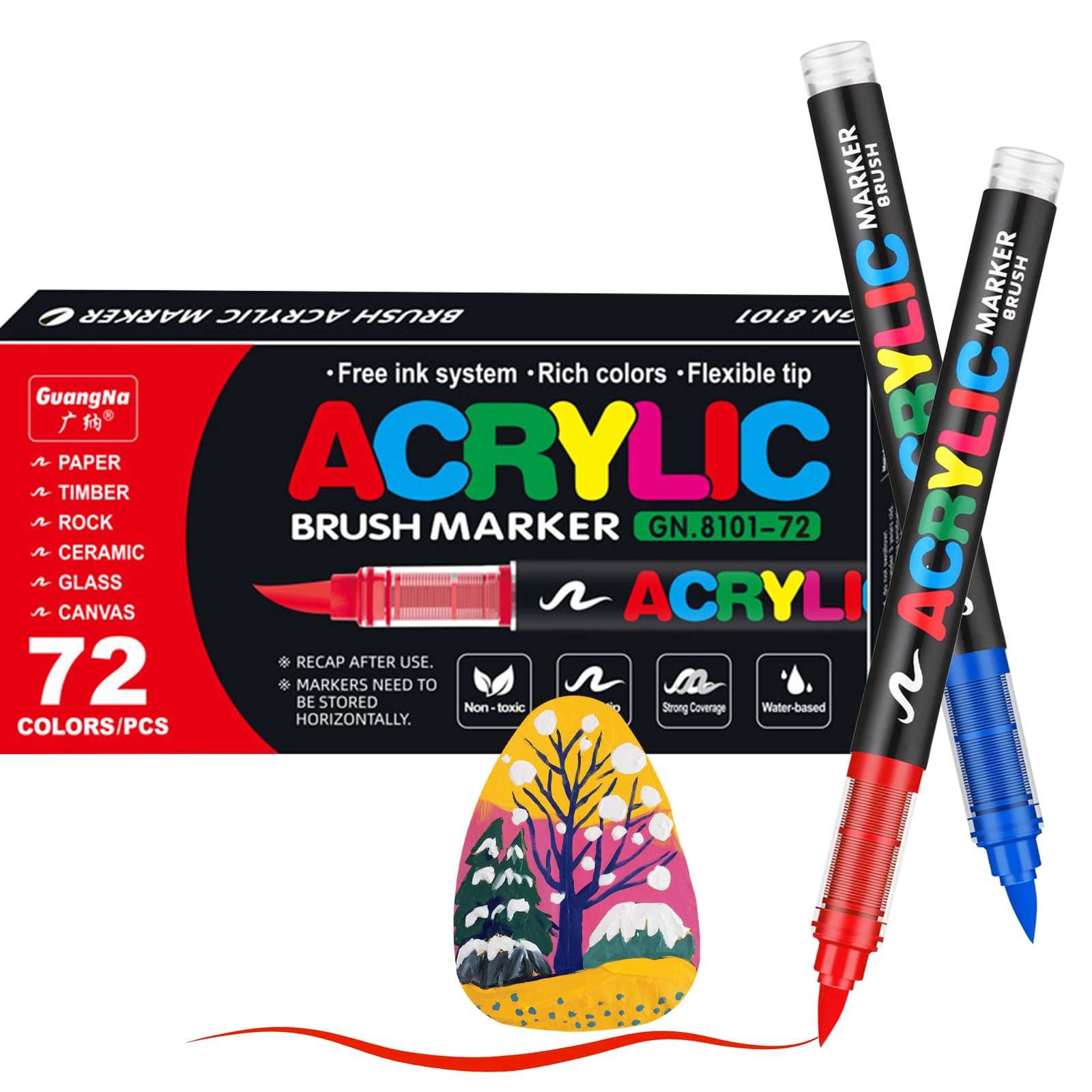 JRQ Acrylic Paint Markers Paint Pens, 72 Colors Direct Liquid System & Brush Tip, Acrylic Markers for Wood, Rock Painting, Glass, Canvas, Ceramic, Fabric, Plastic, DIY Art Crafts Supplies