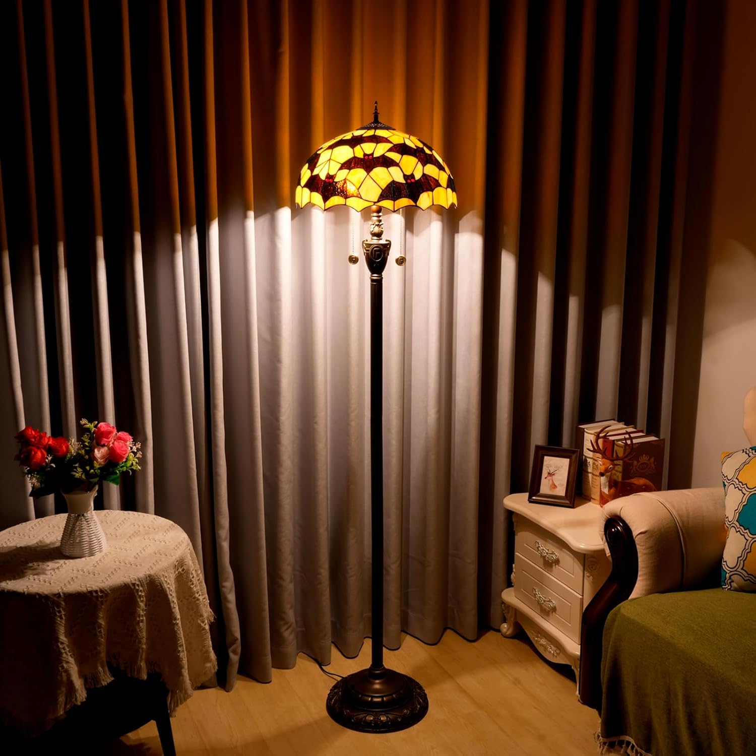 Tiffany Black Bats Floor Lamp Stained Glass lamp for Living Room Bedroom Office Bright Lighting Rustic Corner Decor Standing Tall Unique Vintage Reading Aesthetic Light