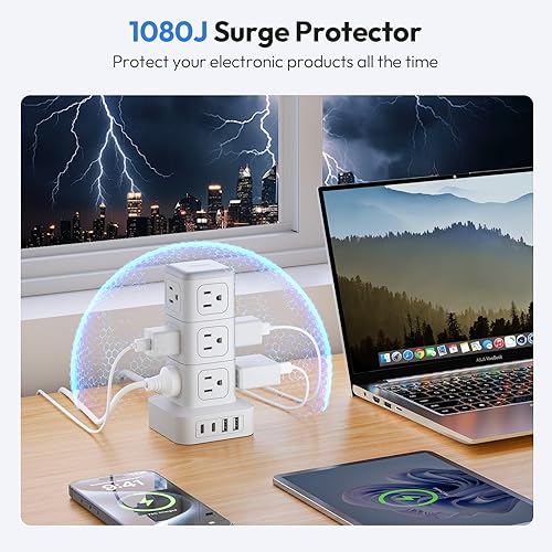 Miniatura 3 de NTONPOWER Torre de regleta de alimentación con protector de sobretensiones, torre de protección de sobretensiones 1080J, 12 salidas de CA, 4 puertos