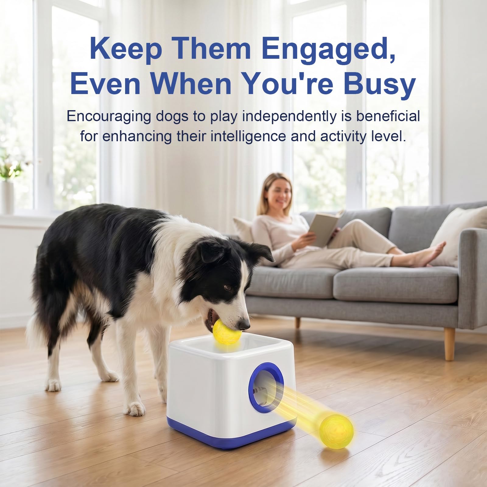JIANAYANA Lanceur de balles automatique pour chien, jouet interactif double mode automatique et manuel, 4 distances réglables avec 5 balles ETPU, balle anti-carte pour intérieur et extérieur toutes