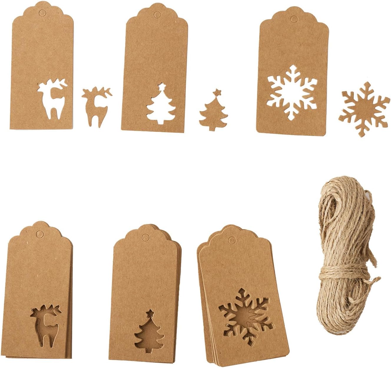 150 Pcs Christmas Paper Tags with String Attached Labels Christmas Tree Snowflake Reindeer Design Writable Hang Tag with 30 Meters Jute Twine for Christmas Holiday Present Wrap (Brown)
