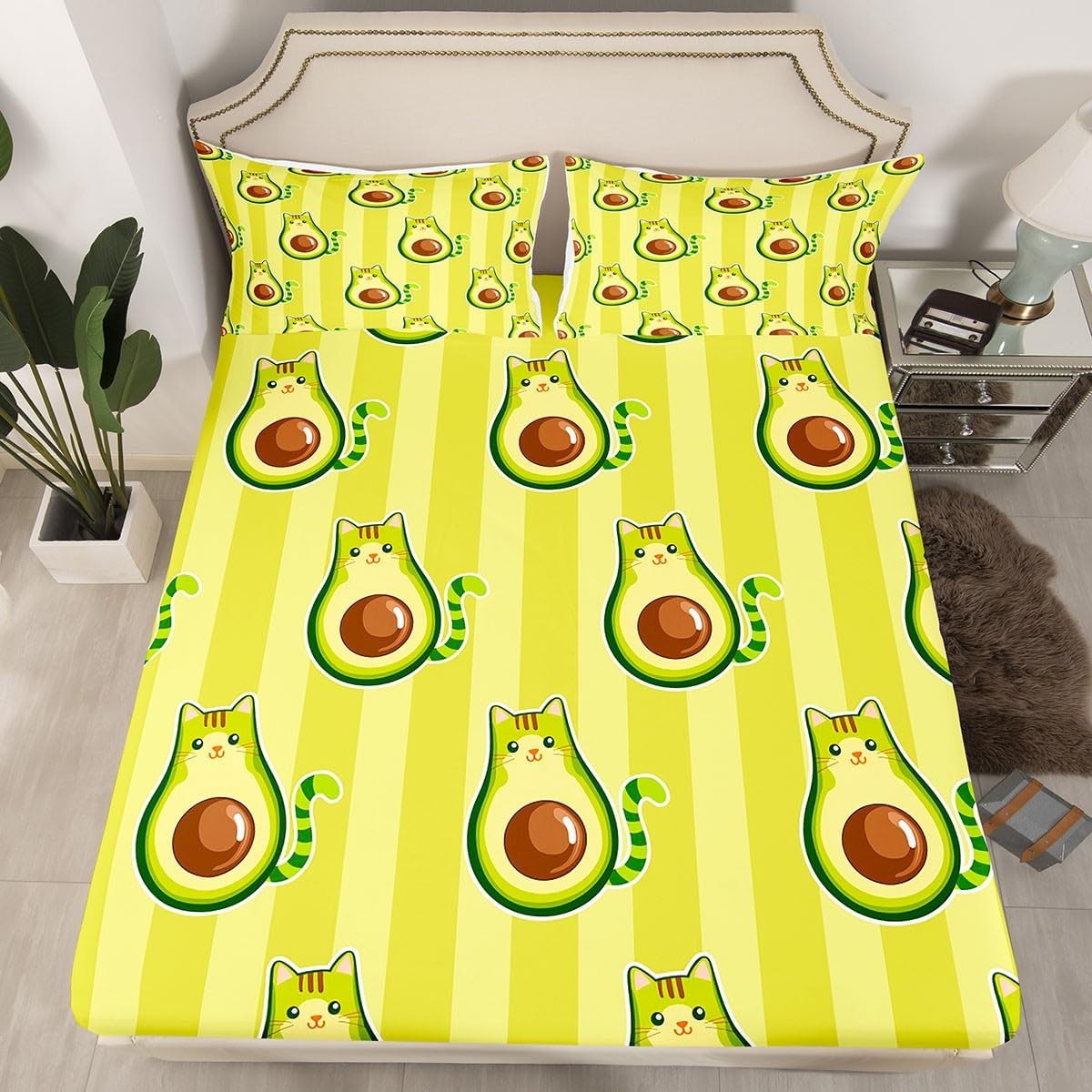 Cute Avocado Kitten Print Bed Sheet Set Pet Cats Pattern Fitted Sheet for Kids Teens Cartoon Animal Bedding Set Yellow Geometric Stripes Bed Cover Bedroom Decor 3Pcs Queen Size
