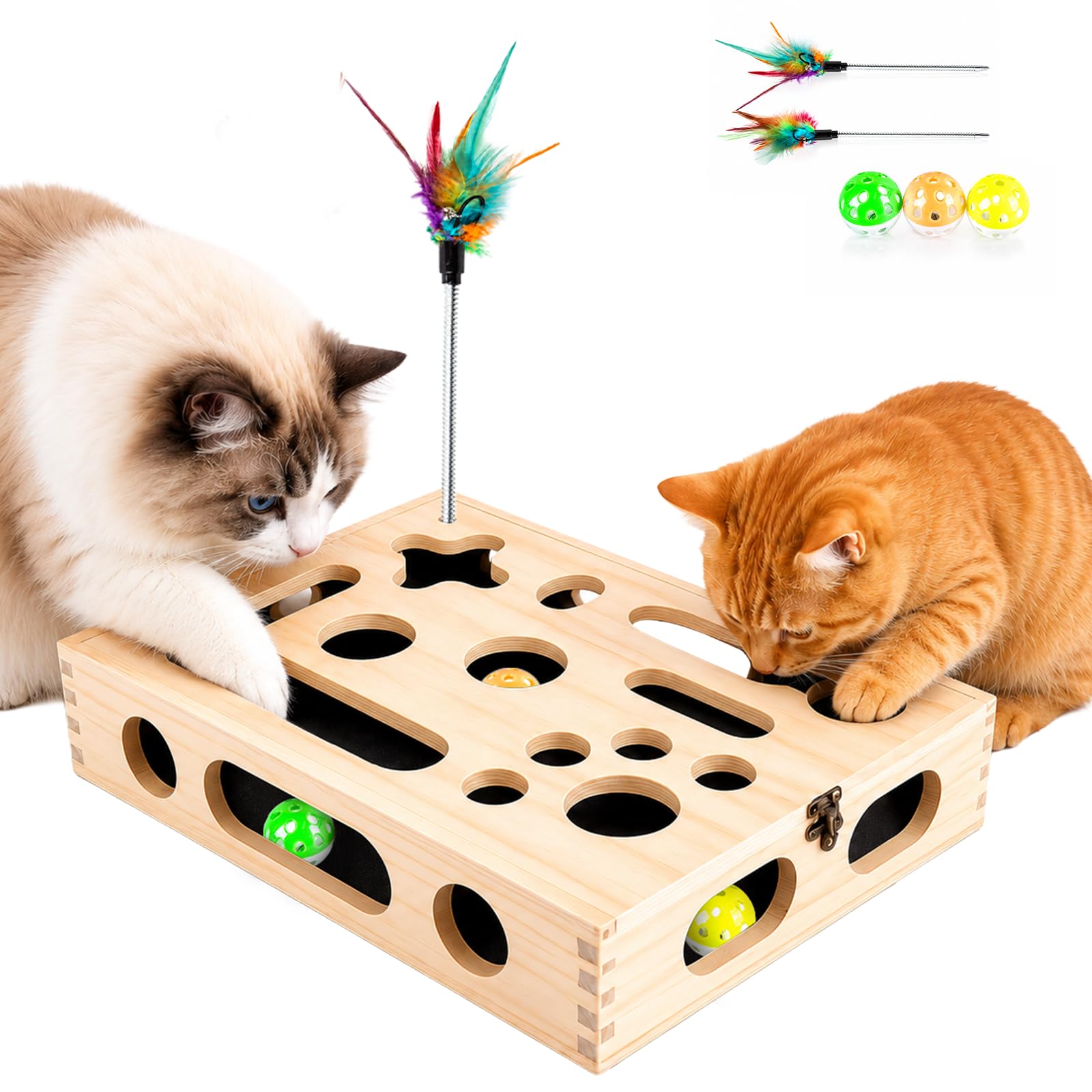 3-in-1 Cat Nail File Box, Large Wooden Interactive Cat Toy with Sliding Lid