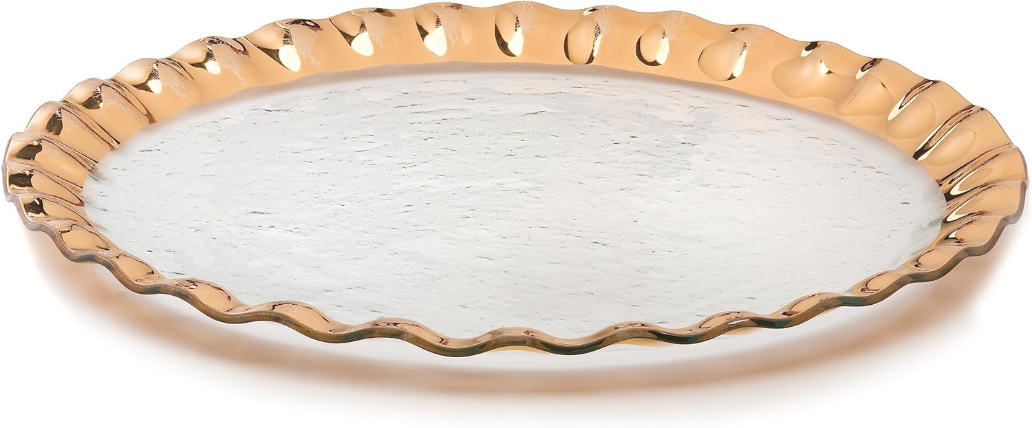 Annieglass Ruffle 14.75 Inch Round Chip and Dip Server with 24k Gold, Timeless Glass Tableware for all Occasions, Made in the USA