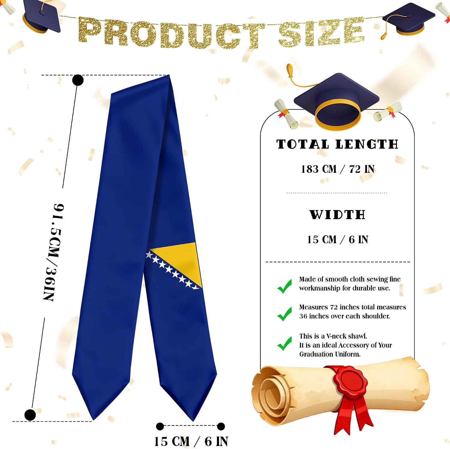 Bosnia Flag Graduation Stole Sash for Study Aboard International Students Abroad Adult Unisex