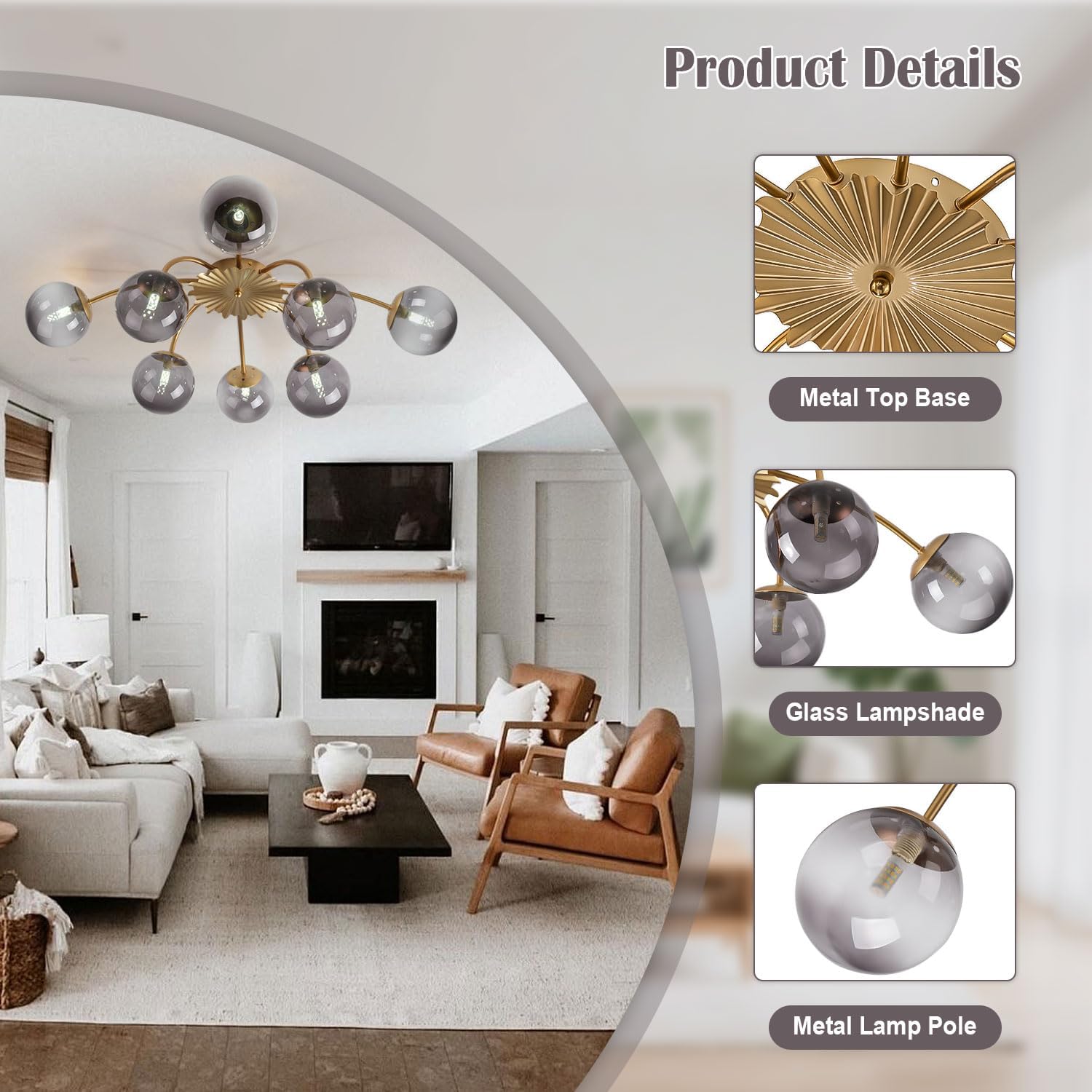 8-Light Bubble Chandelier, 33" Dia Sputnik Ceiling Light Fixture Cluster Globe Dining Room Light Fixture, Modern Grey Chandelier for Living Room Dining Room Bedroom (Grey, 8 Light Ceiling Light)