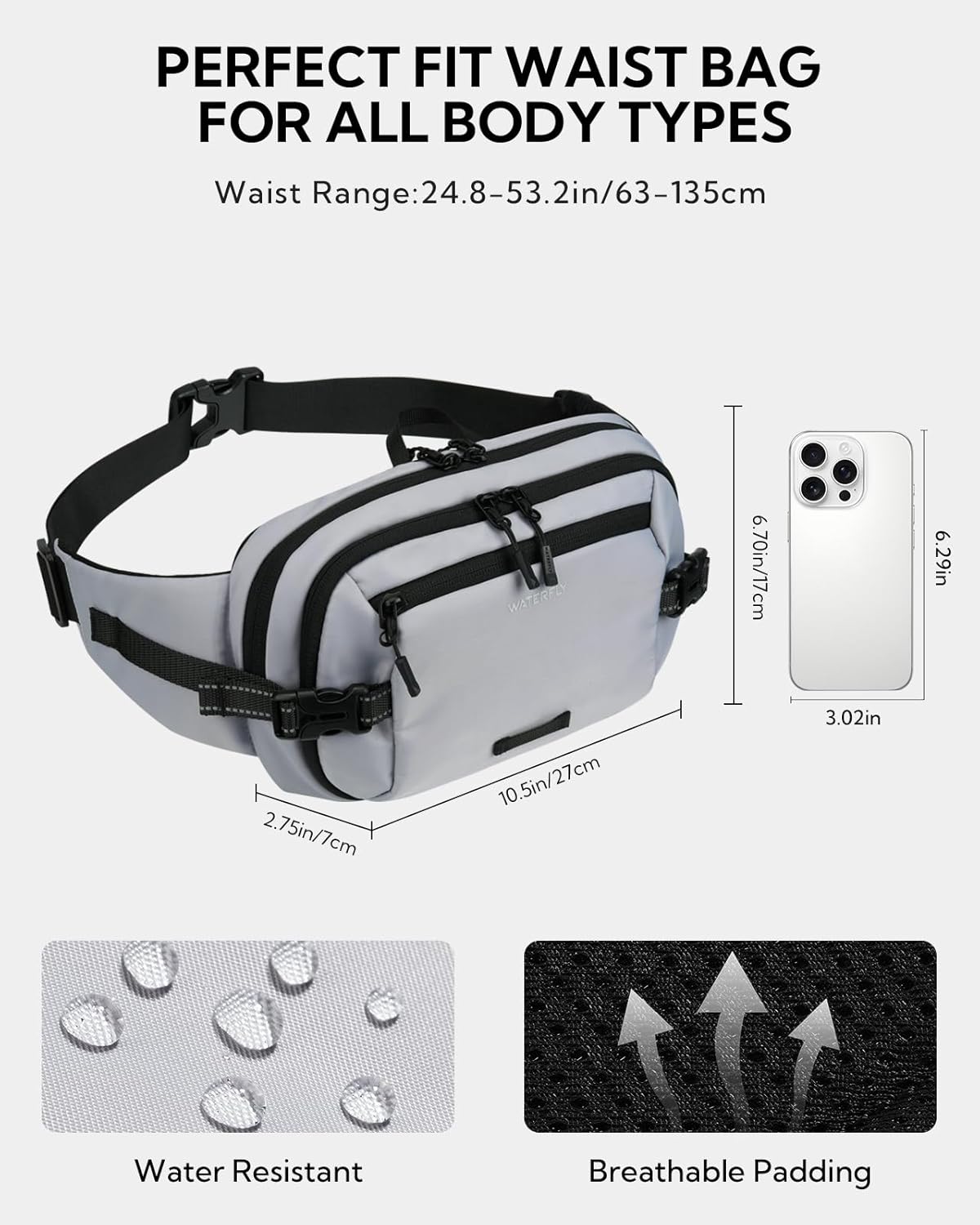 WATERFLY 3L Large Fanny Pack, 180° Opening Hip Pouch with Multi-Pockets, Anti-Theft RFID Blocking Waist Bag for Women Men Traveling Hiking Daily Use - Image 5