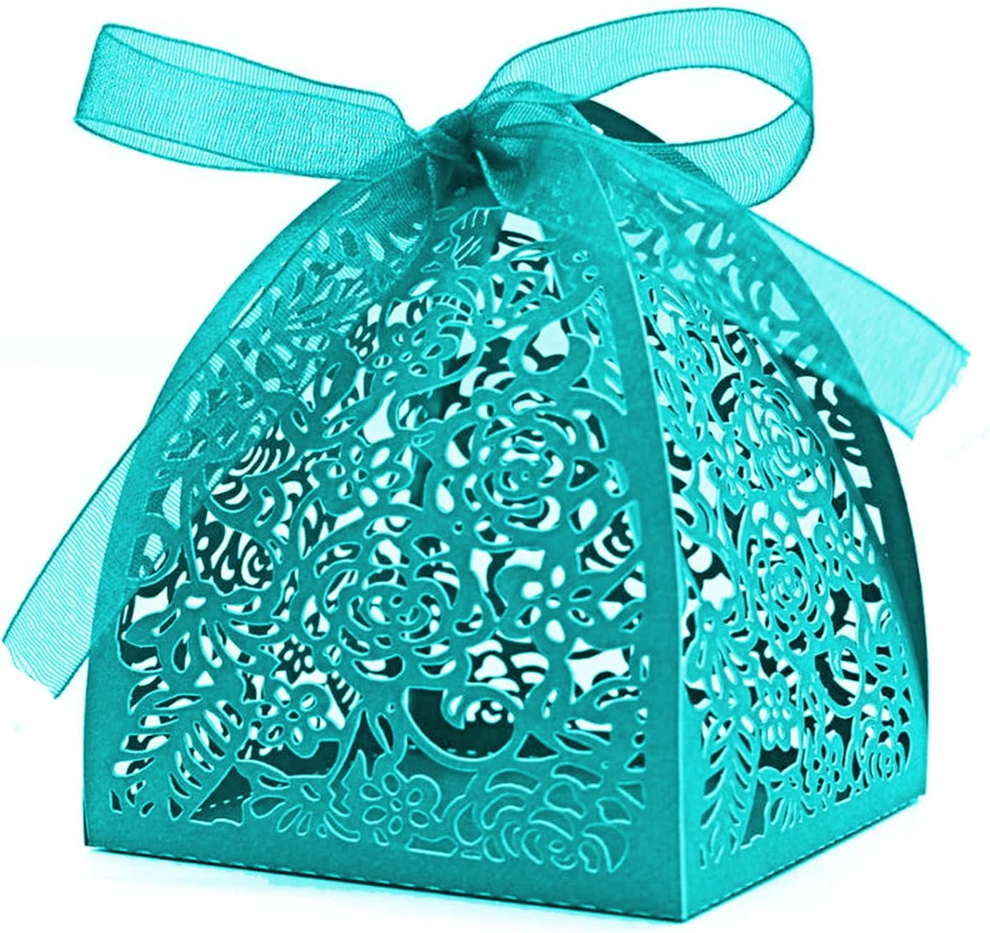 Auto-plaza 50 Pieces Beauty Laser Cut Favor Boxes DIY Wedding Birthday Gift Candy Boxes with Ribbons (Gold)