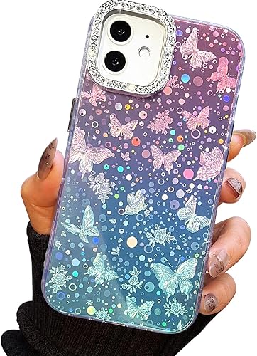 Miniatura 55 de I-MGAE-IN-AR - Funda diseñada para iPhone 12 y 12 Pro, diseño de mariposa plateada brillante, funda protectora de poliuretano termoplástico, suave,