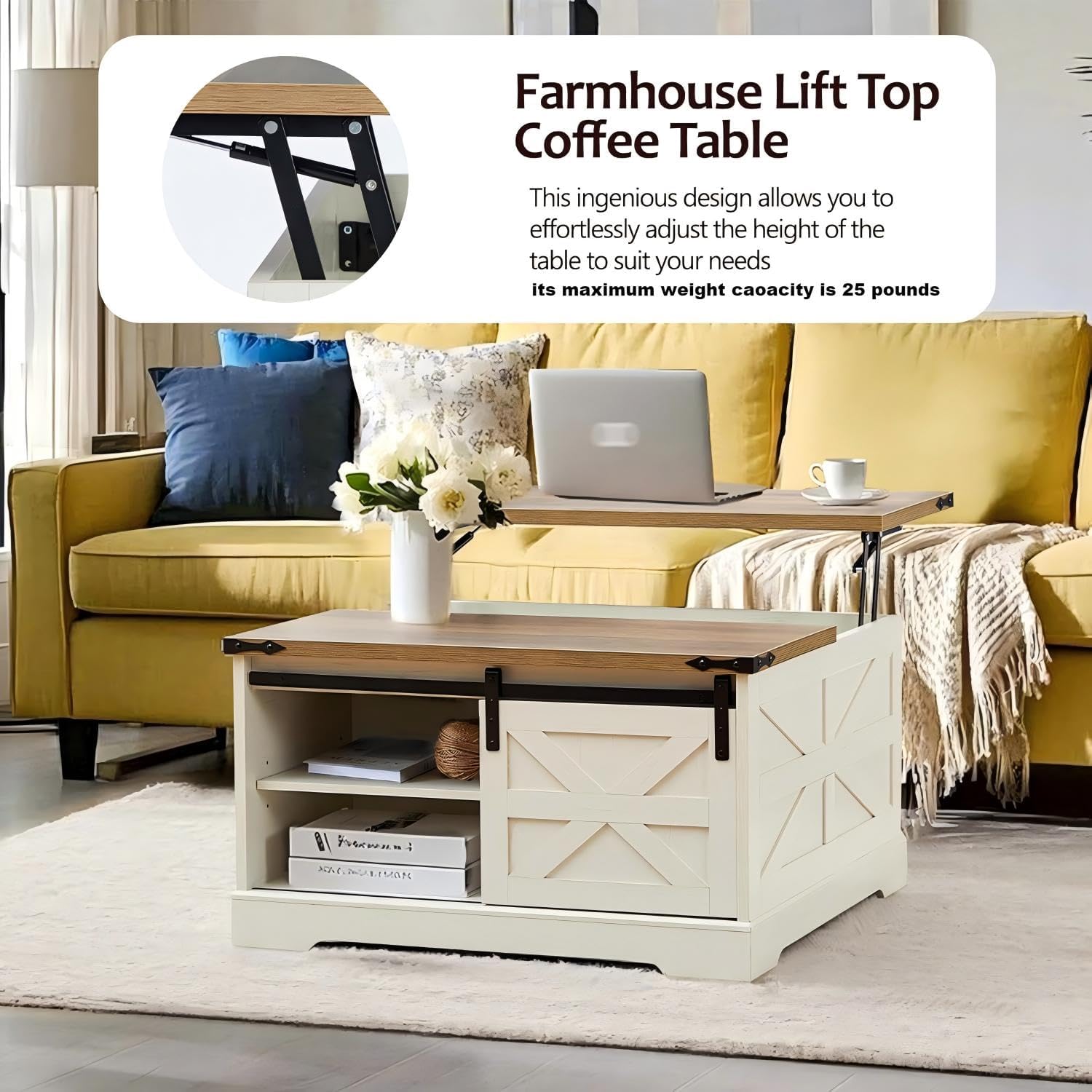 Farmhouse Lift Top Coffee Table with Hidden Storage Square Coffee Table Sliding Barn Door and Adjustable Shelf Rustic Wood Center Table for Living Room, Rustic White