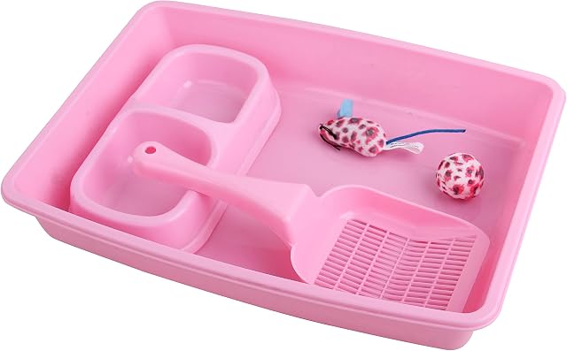 PAWISE Small Cat Litter Box Kit Includes 4 Pieces, Low Entry Cat Litter Pan, Cat Litter Scooper, Cat Bowls, Cat Mouse Toy for Kitty, 14.5x10.5 Inches, Pink