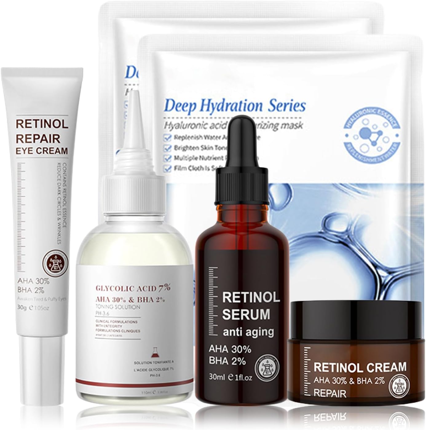 Retinol Skincare Set – Skin Care Sets & Kits For Women – Retinol Serum,Glycolic Acid,Face Cream,Eye Cream,Face Mask 2pcs For Face Glow & Smooth – Gift Set For Hydrating & Repair(6PCS)