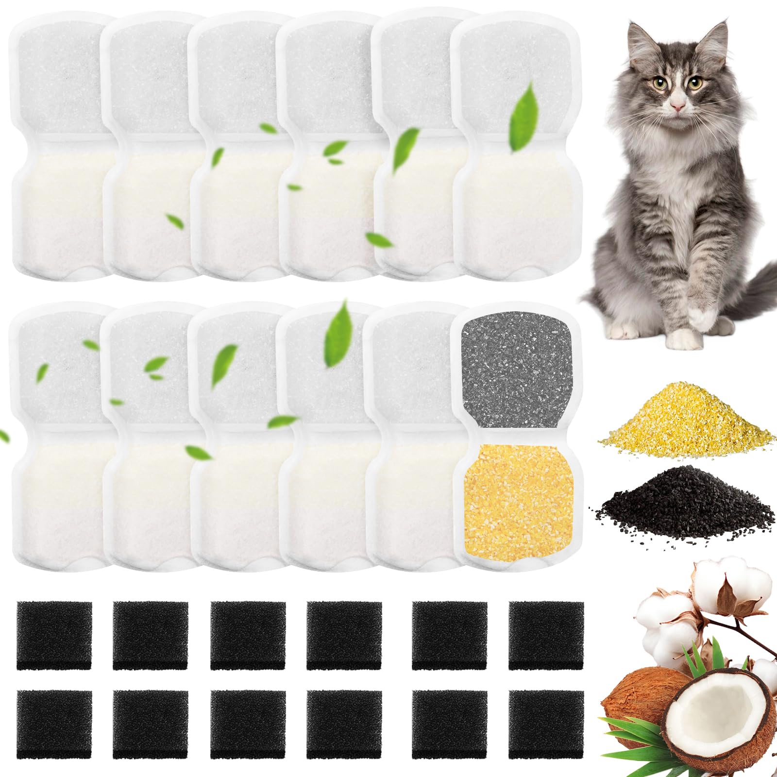 24 Pack Cat Water Fountain Filters, 12 Filters & 12 Sponges, Multi-Filtration for Pet Water Fountain, Improves Taste for Stainless Steel Pet Dispenser(24PCS)
