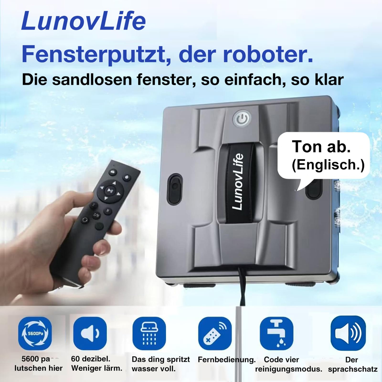 Fensterputzroboter 5600Pa mit 6-Düsen Sprühsystem, Fenstersauger für rahmenlose Fenster, App & Fernbedienung, Automatischer Fensterreiniger, 22.5x22.5x6.5cm