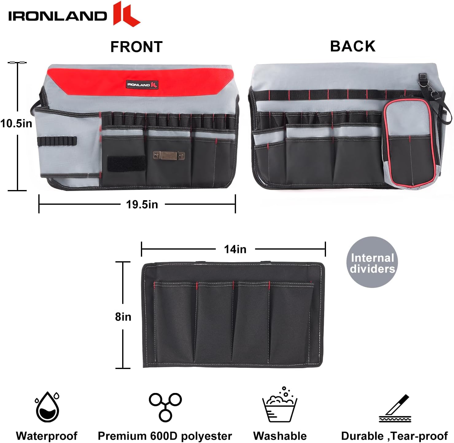 IRONLAND Bucket Tool Organizer Fit 3.5-5 Gallon Bucket, 64 Pockets, Bucket Tool Caddy Organization for Garden, Construction, Carpenter, Electrician, Builder red