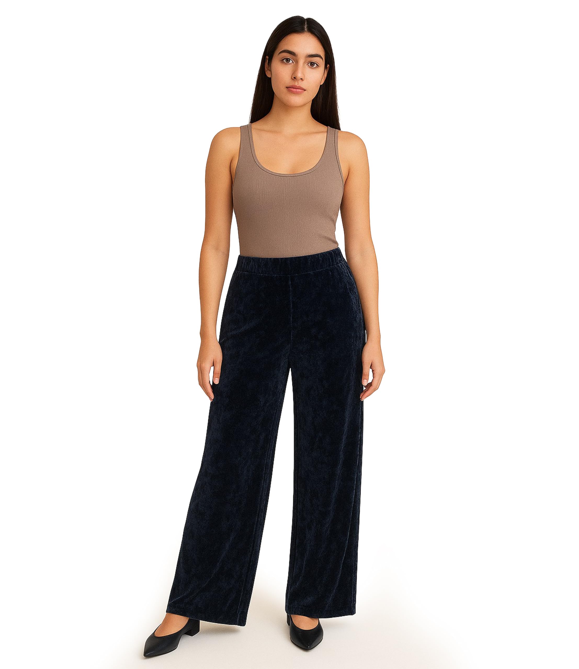 Ploutos World Wide Women's Navy Plus Size Velour Velvet Wide Flared Leg Pocket Elasticated Waist Pants Palazzo Trousers (20-22, )