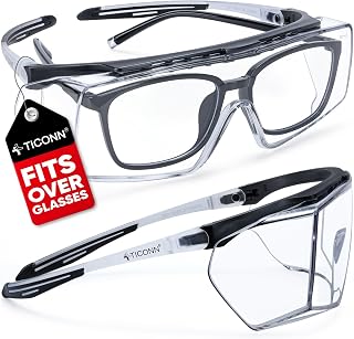 TICONN Anti-Fog Safety Glasses Over Prescription Eyeglasses - ANSI Z87.1 Impact Resistant, Adjustable Arms, UV Protection for Men Women