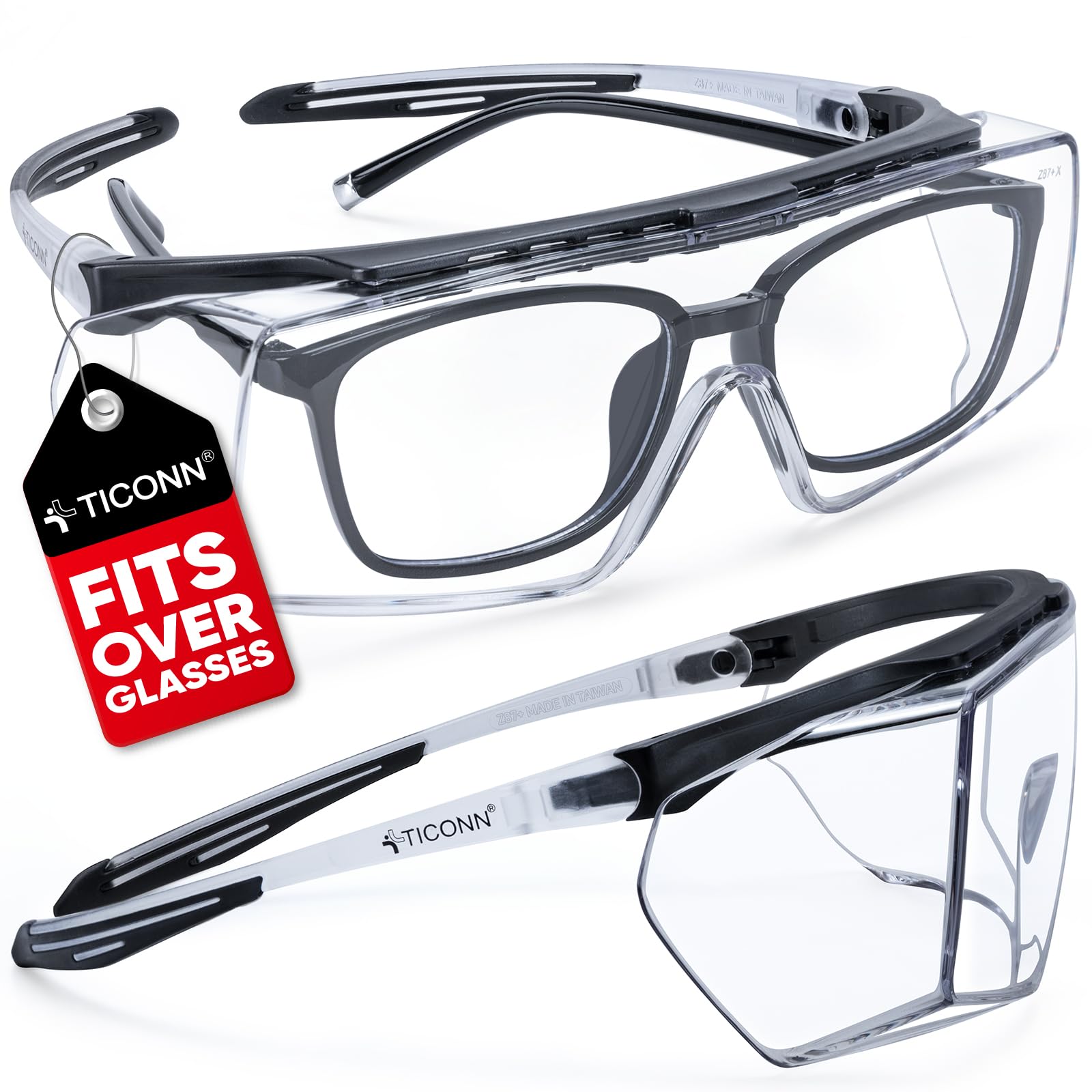 TICONN Lunettes de sécurité anti-buée ANSI Z87.1 pour homme et femme avec bras réglables et protection UV