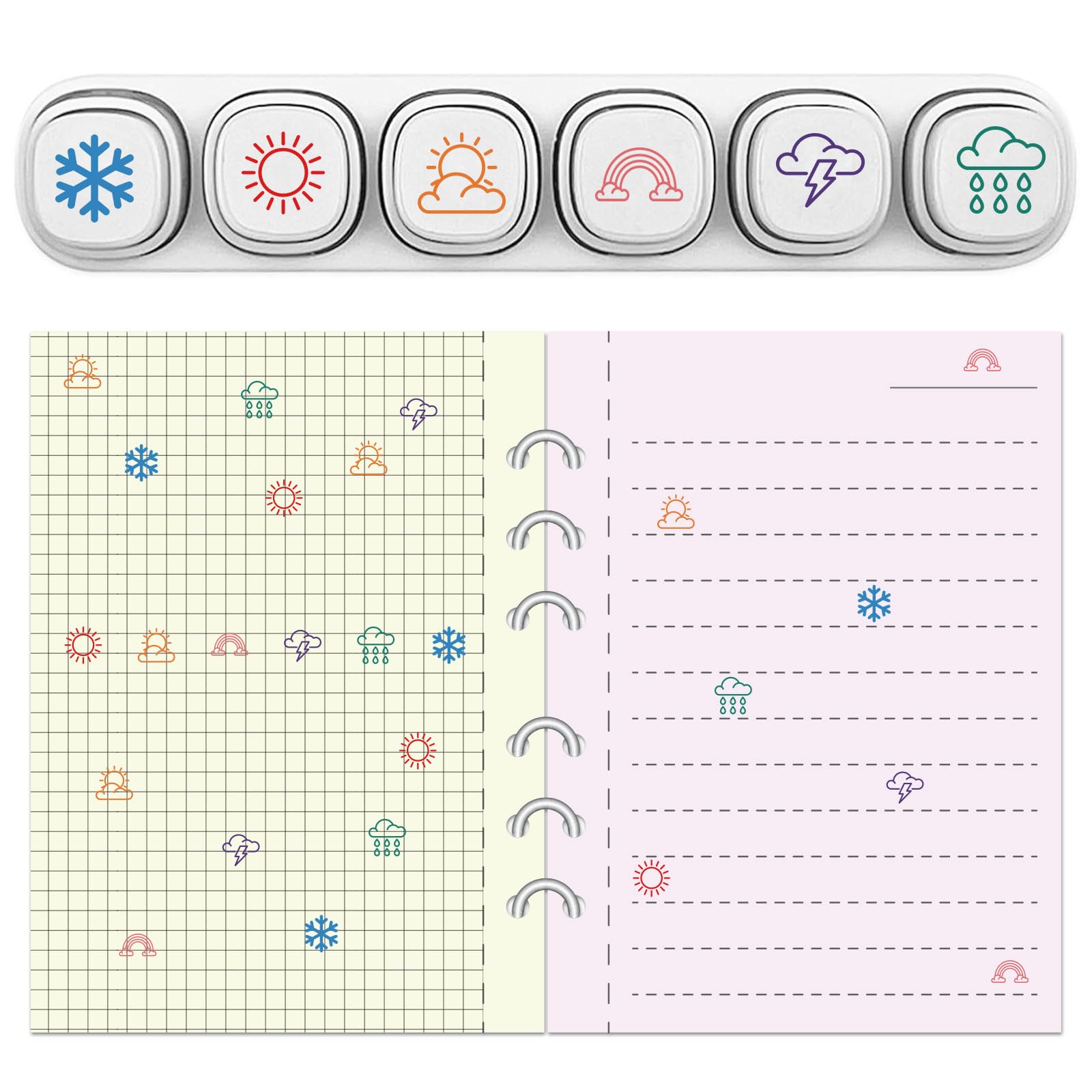 GLOBLELAND 6 Pcs 6 Styles Weather Self Inking Stamps for Sunny Day Rainbow Plastic Stamp Set Thunder Lightning Rain Snow Mini Stamps for Drawing Journal Art Crafts Birthday Party Favor Carnival Prizes