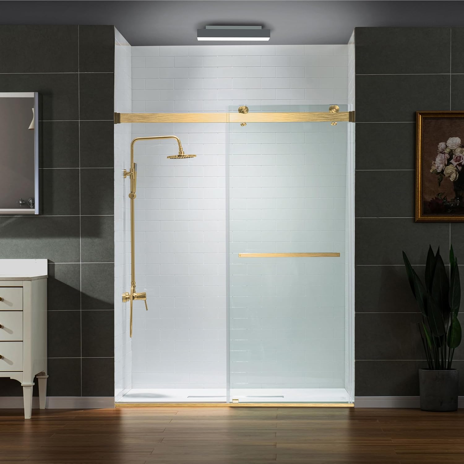 Woodbridge Frameless Shower Doors 56-60" Width x 76" Height with 5/16"(8mm) Clear Tempered Glass, 2 Ways Opening & Double Sliding in Brushed Gold Finish