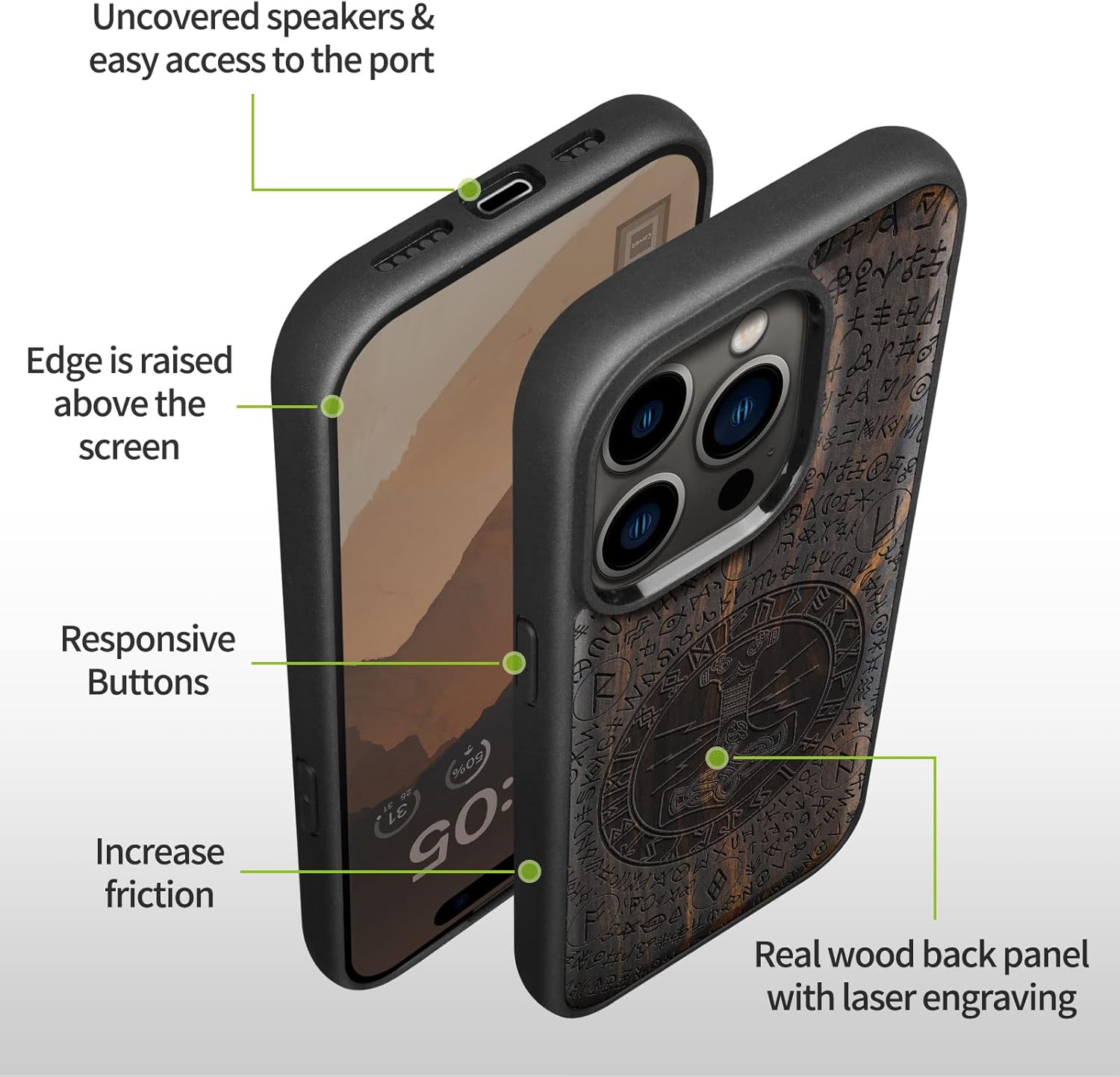 Carveit Magnetic Wood Case for iPhone 14 Pro Max [Natural Wood & Black Soft TPU] Unique & Classy Wooden Shockproof Protective Cover Compatible with magsafe (Thors Hammer -Blackwood)