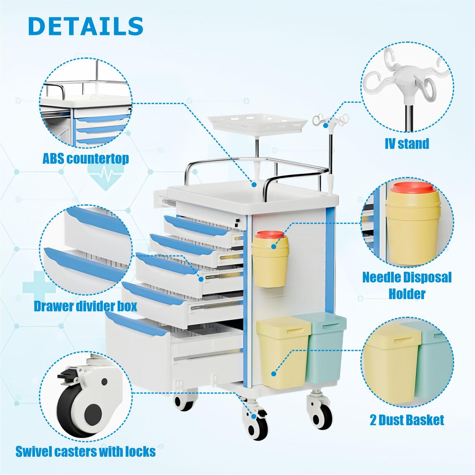 Carrello di emergenza con accessori IV Pole, scheda cardiaca, supporto O2, carrello mobile, bidone della spazzatura, cassetto per clinica, centro infermieristico, 76,2 cm L x 48,3 cm L x 96,5 cm H