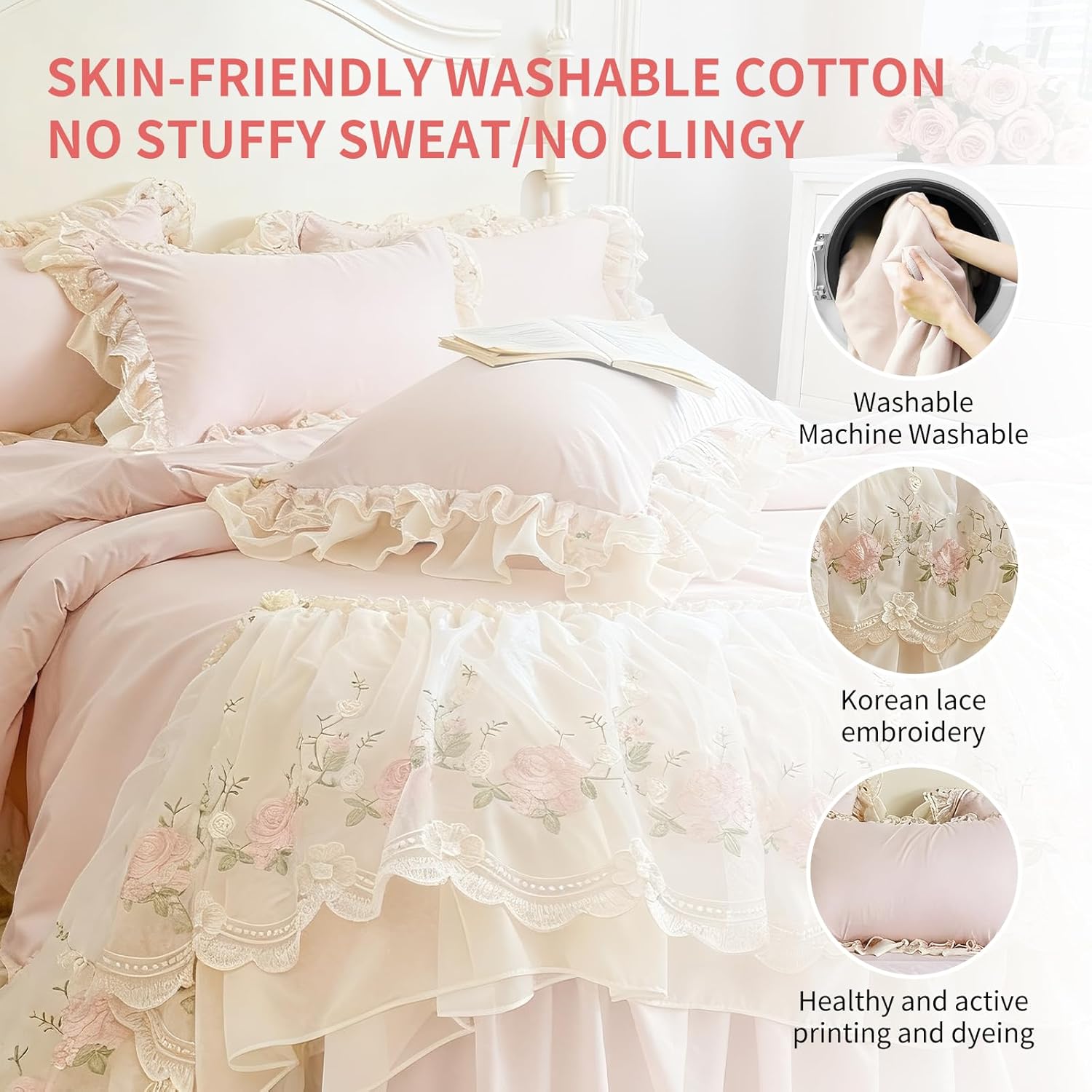 French Chic Bedding Set 4-Piece - Romantic Lace Trim Washed Cotton, Duvet Cover with Bed Skirt & Pillowcases for Queen Bed, Princess Style(Comforter Not Included) (Pink,Full)