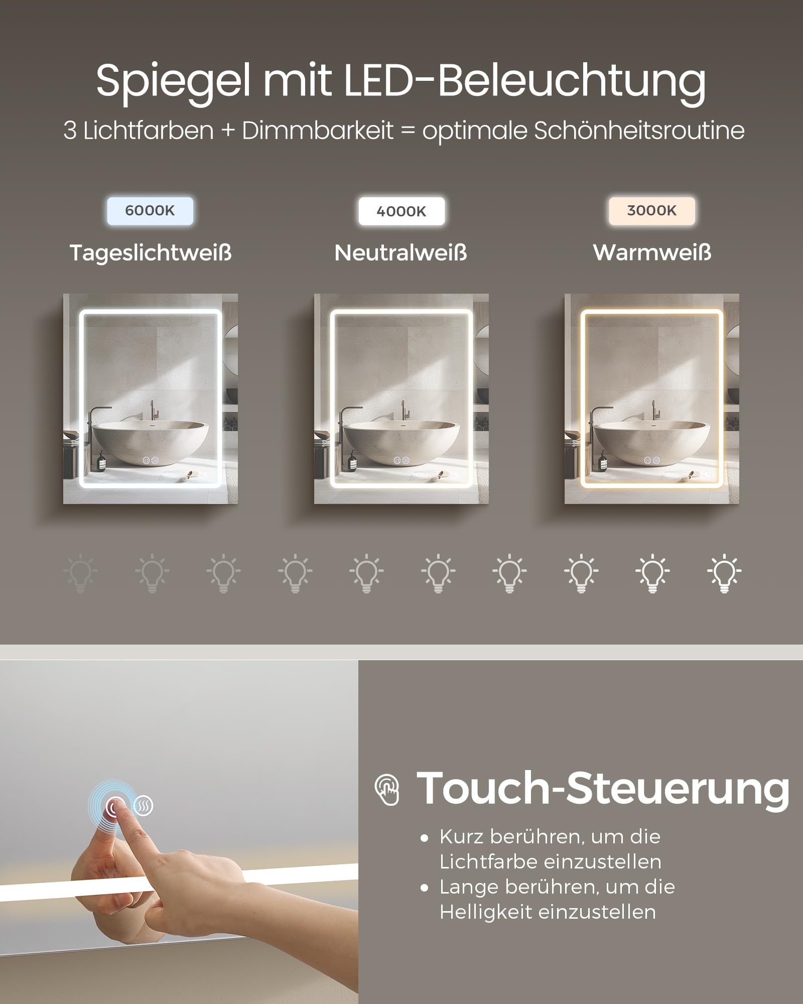 VASAGLE Kailyn Kollektion - Spiegelschrank mit Beleuchtung, 16,5 x 50 x 60 cm, Badezimmerschrank, Wandschrank, Steckdosenleiste, Entfogging-Funktion, 10x Vergrößerungsspiegel, modern, weiß BBK133W01
