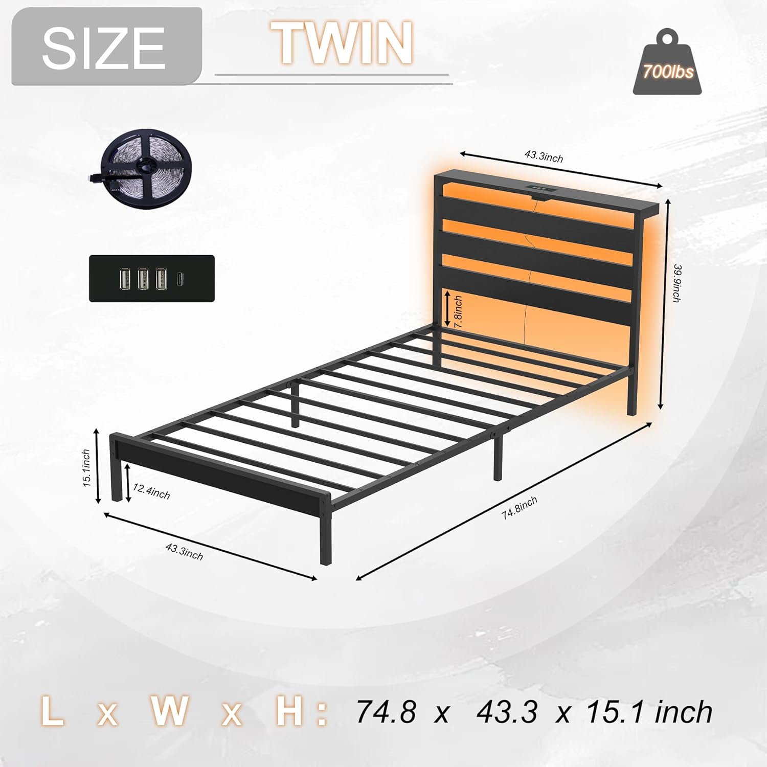 Twin Size Metal Platform Bed Frame with LED Headboard & Storage Shelf, Modern Black Metal Bed with USB Charging, No Box Spring Needed, Sturdy Slat Support for Bedroom(Black, Twin)