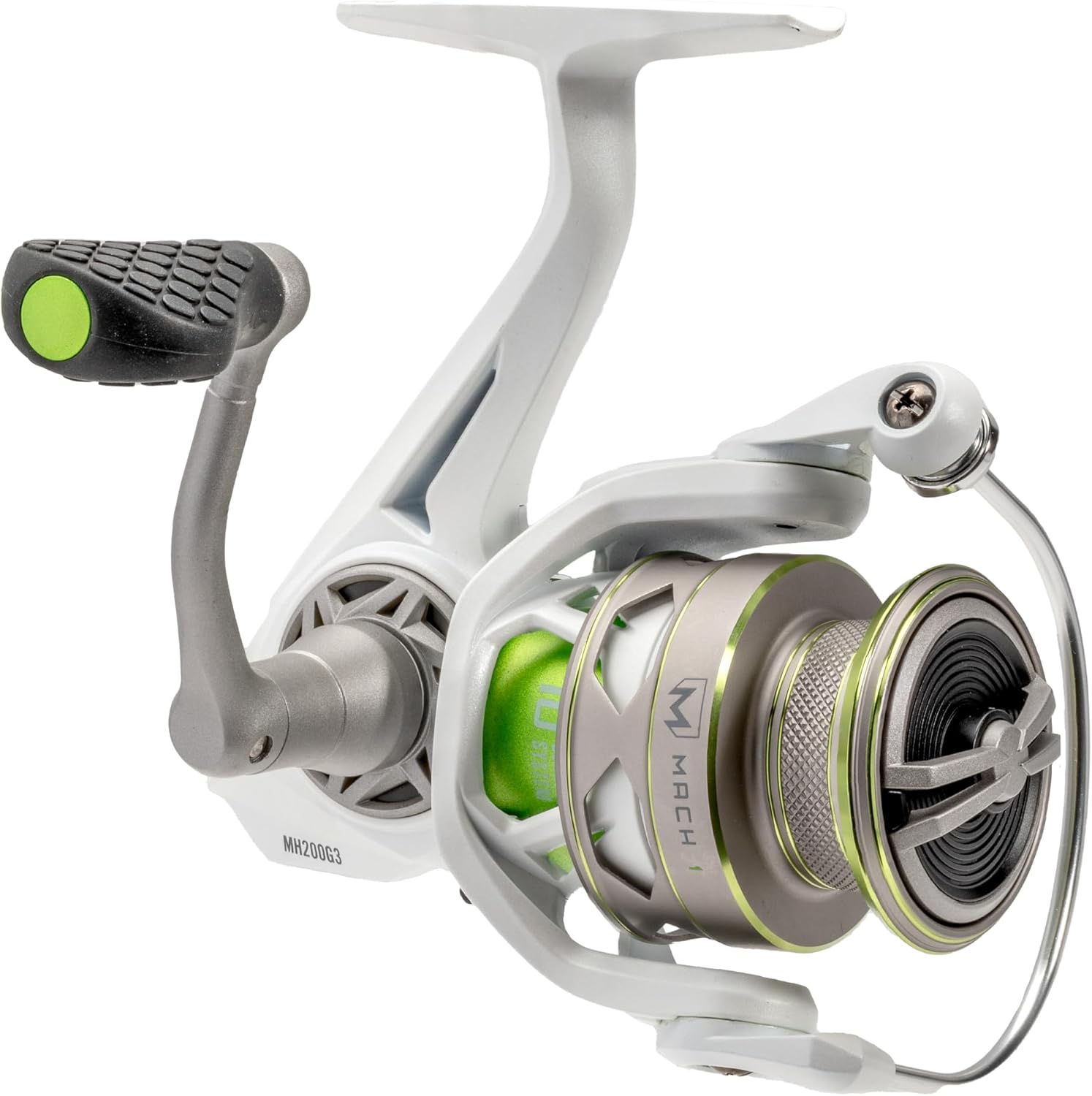 Lew's MACH 1 Spinning Fishing Reel, 9+1 Bearings, Graphite Frame, Speed Gears, Speed Lube, Multi-Disc Drag, Metallic White/Gray/Green