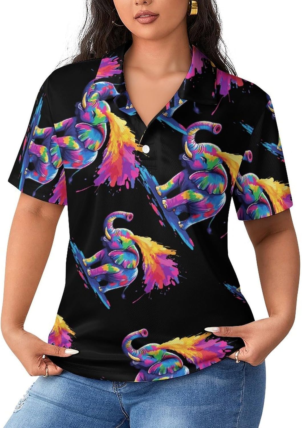 Cute Tie-dye Elephant Womens Golf Polo Shirts Summer Short Sleeve Collared 3 Buttons T Shirt Activewear Tops