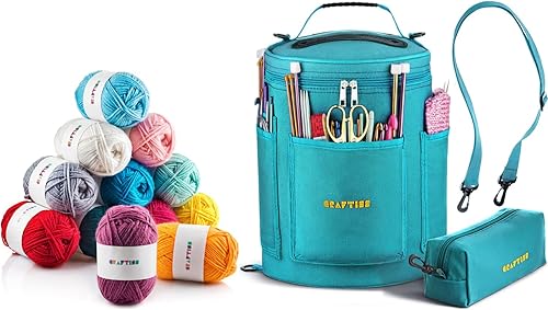 Paquete de iniciación de 12 x 1.76 oz de madejas de hilo acrílico con bolsa de almacenamiento de hilo turquesa
