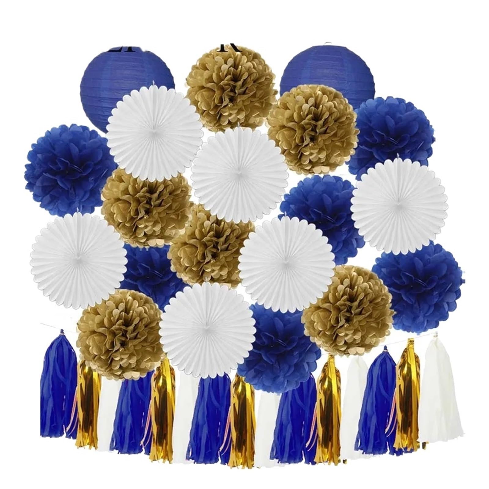 Paper Lanterns Boy Birthday Party Favor Hanging Paper Lantern Fan Wedding Decor Blue White Set Tissue Pompom Tassel(Gold Blue)