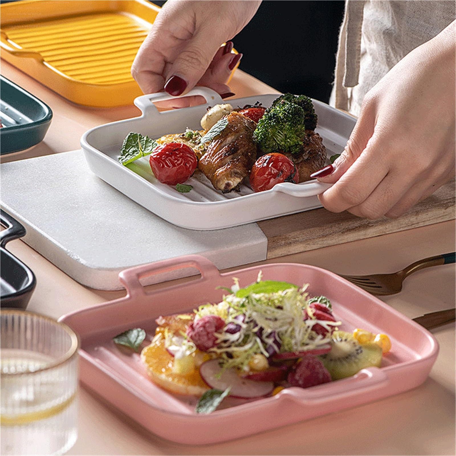 Plato cerámico cuadrado de doble asa apto for horno Universal(Pink)