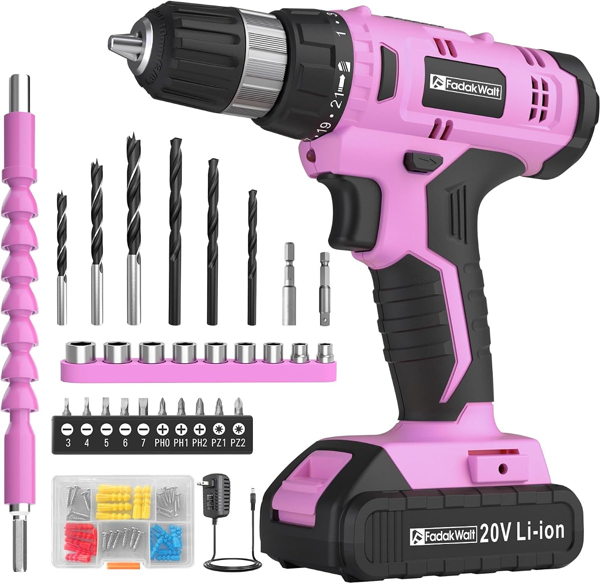 FADAKWALT Cordless Drill Set, 20V Electric Power Drill with Battery And Charger, Torque 30N, 21+1 Torque Setting, 3/8-Inch Keyless Chuck, Driver Bits Kit, with LED Electric Drill Set. (Pink)