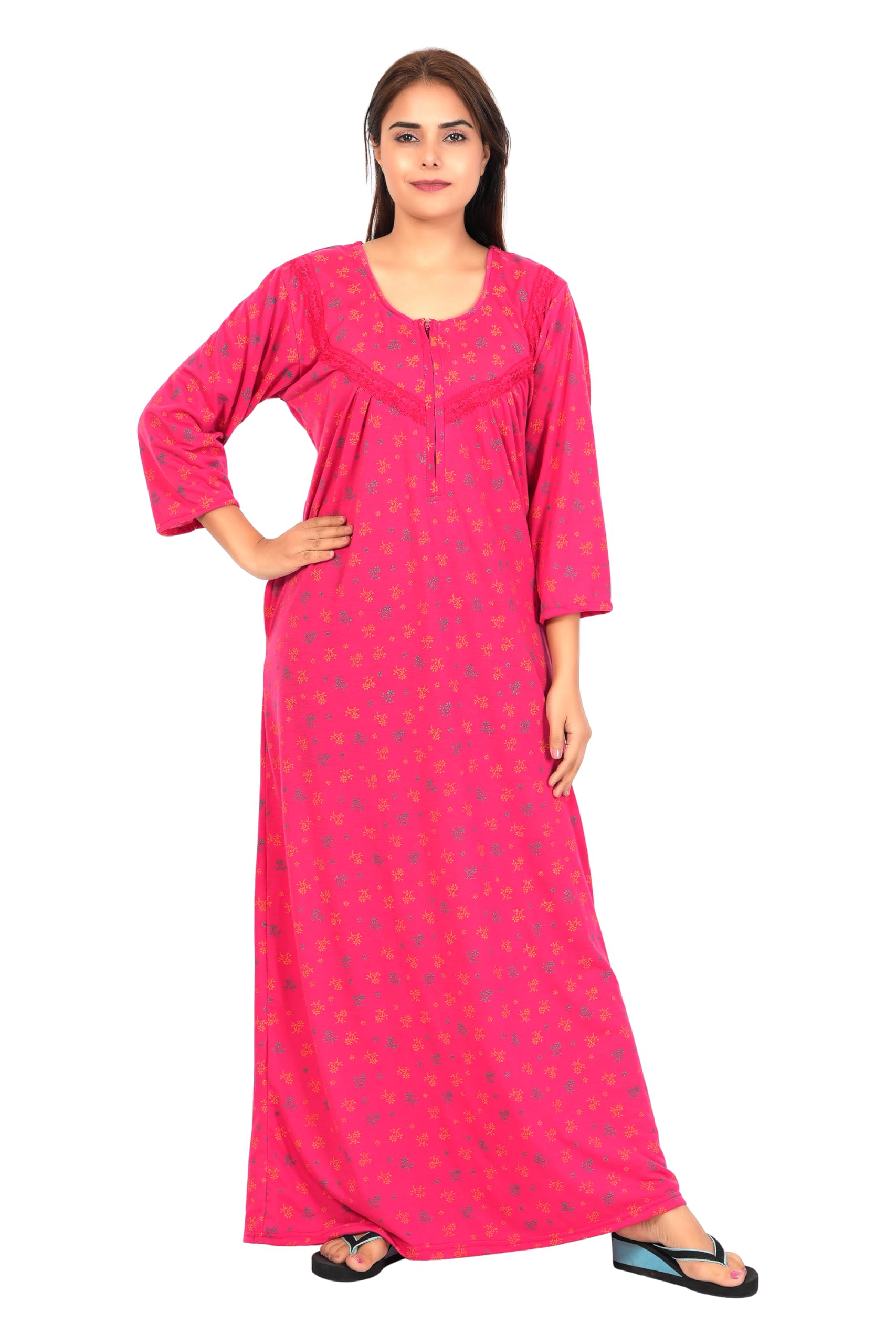 Women's Full Sleeve Floral Printed Sinker Cotton Nighty/Maxi/Nightwear/Nightgown/Gown with Side Pocket WSR-159-image-19