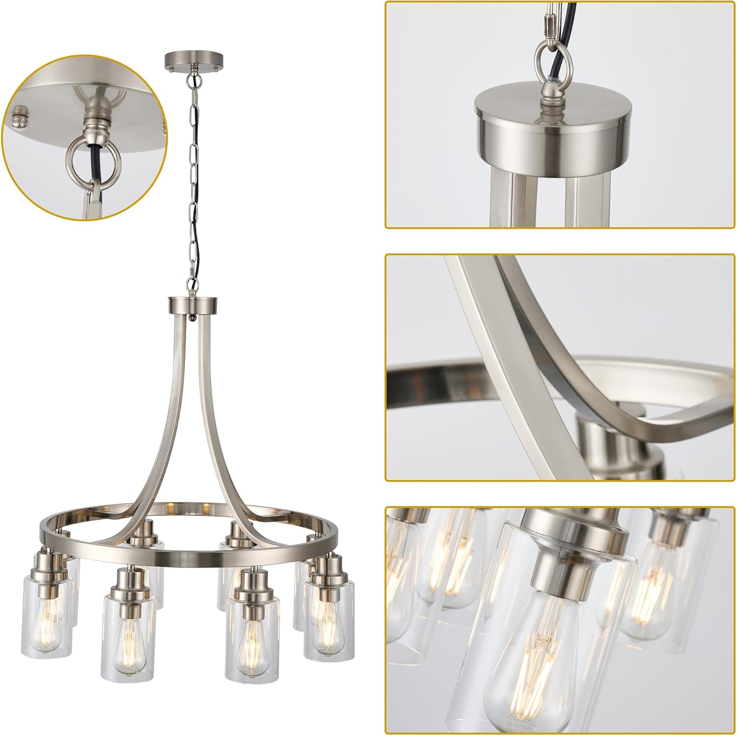 Dining Room Lighting Fixtures Hanging, Brushed Nickel for Kitchen Dining Room Living Room Kitchen Island Linear Pendant 8 Light Chandeliers with Clear Glass Shades