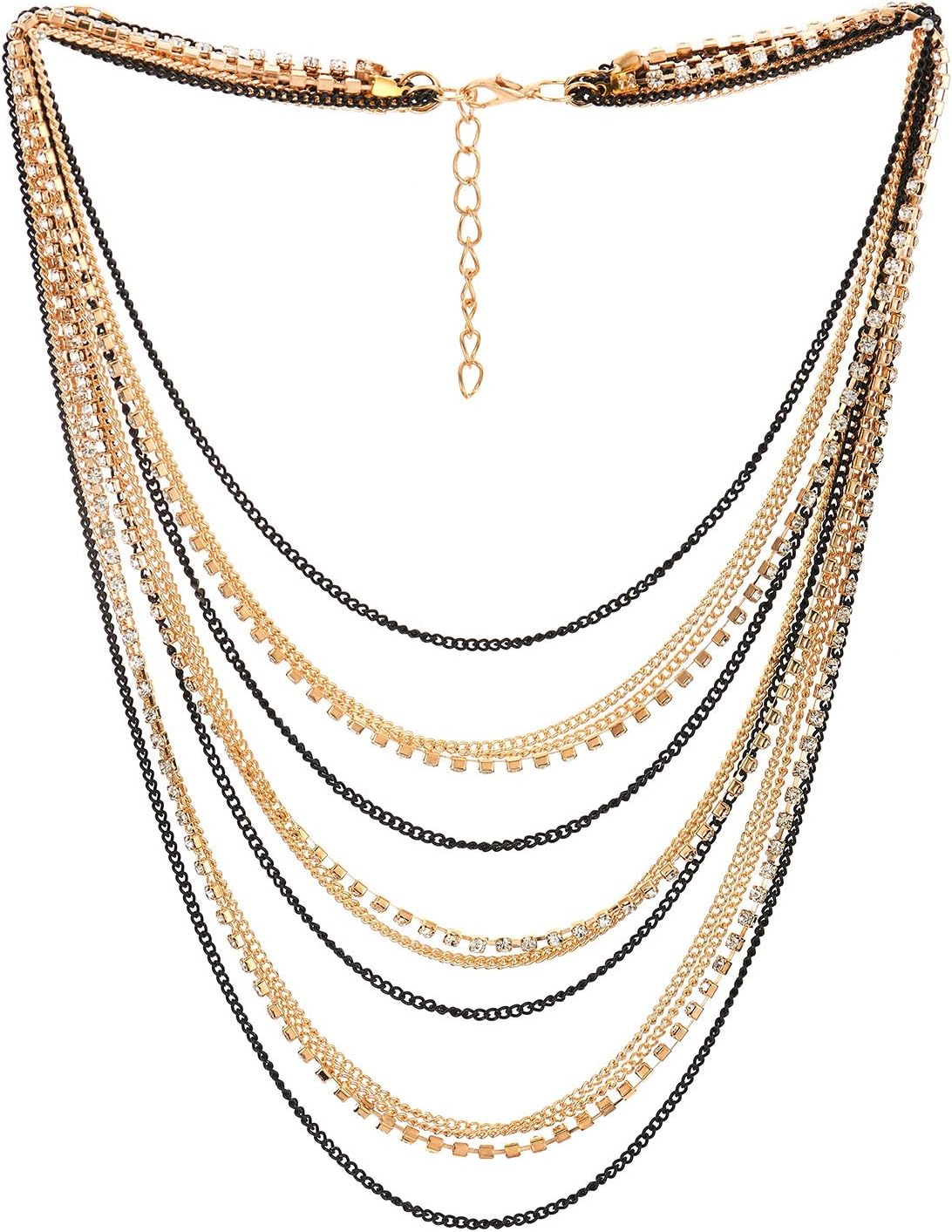 Waterfall Multi-Strand Chains Statement Collar Necklace with Rhinestones Chains, Dress