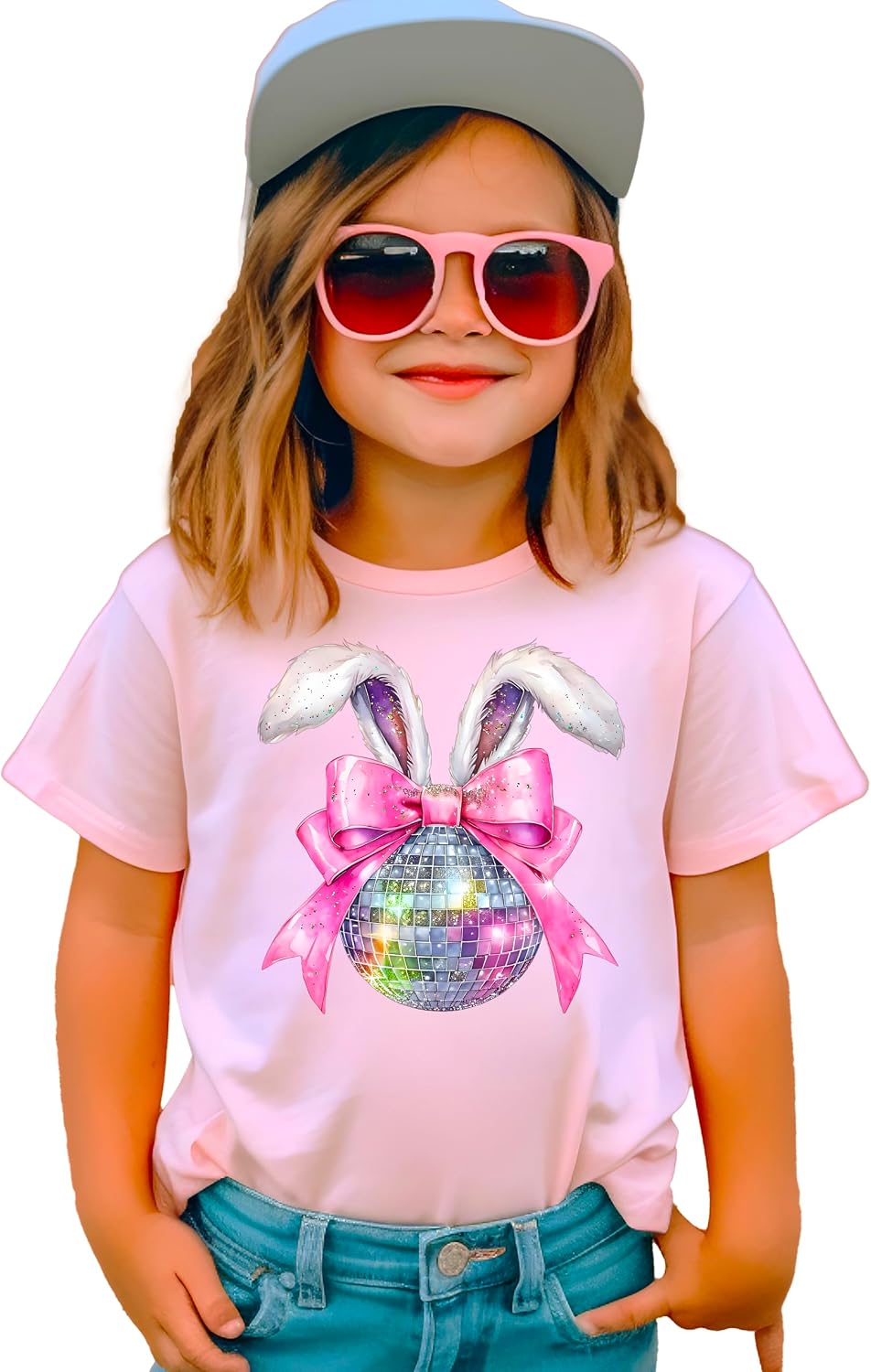 Disco Bunny Easter Shirt for Girls Fluffy Rabbit Ears and Pink Coquette Bow Graphic Tee