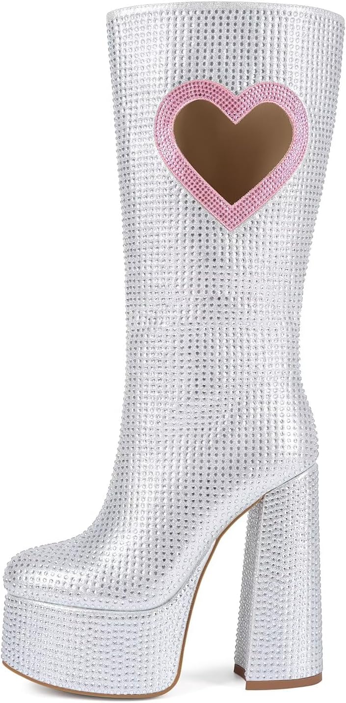 Frankie Hsu Sweet Cute Lovely Chunky Platform Knee High Heeled Boot, Silver Pink Heart Rhinestone Gem Hot Girl Big Large Size Wide Calf Long Boots For Women Men