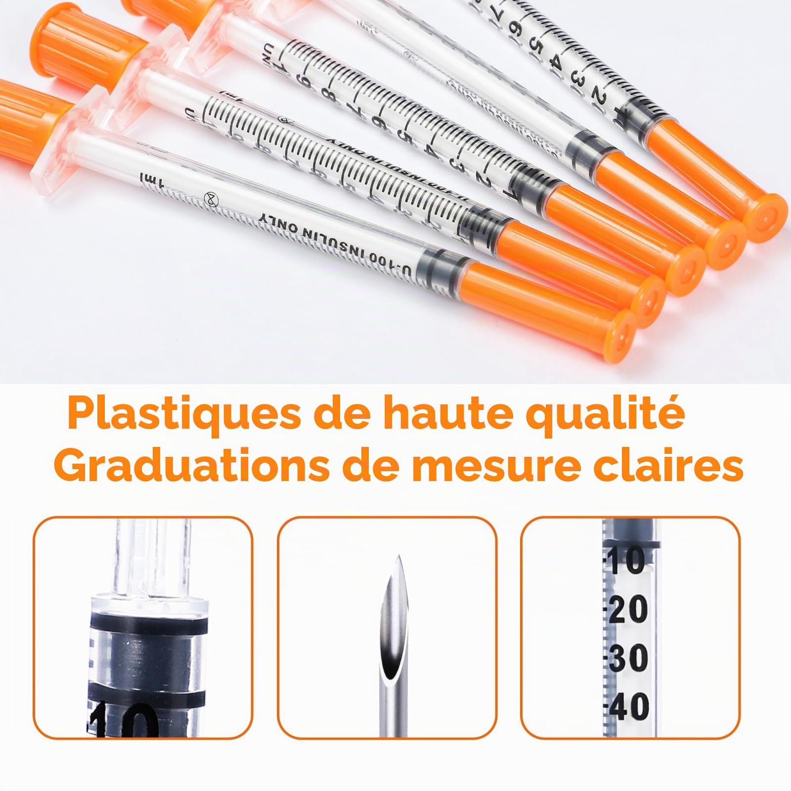 Seringue à insuline avec aiguilles, U-100 1ml/cc, 30G 5/16" (8 mm) Boîte de 50 seringues de fournitures de laboratoire emballées individuellement
