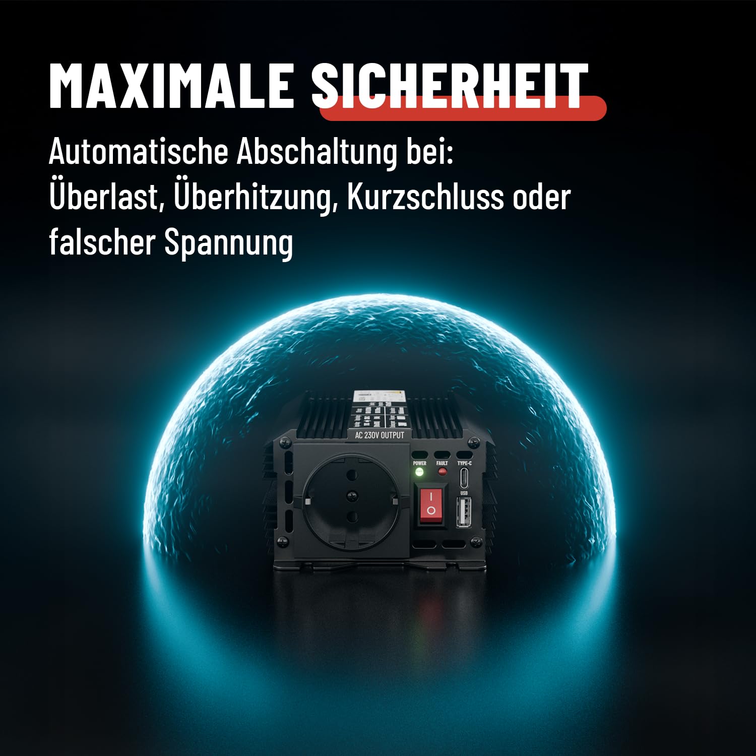 ABSINA Wechselrichter 12V auf 230V - Modifizierter Sinus Spannungswandler - Inverter 300W mit 600W Spitzenleistung - Stromwandler - Stromumwandler - Umwandler