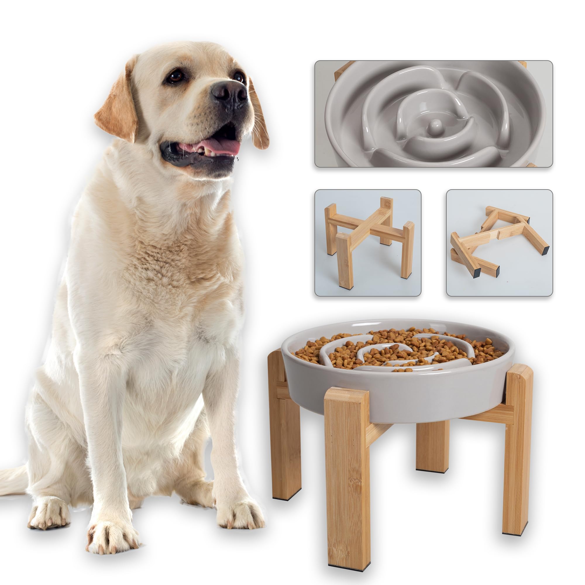 Elevated Slow Feeder Dog Bowl - Puzzle Maze Dish with Bamboo Stand - Raised Ceramic Food Bowl for Medium and Large Dogs - Grey - 8.8 inch