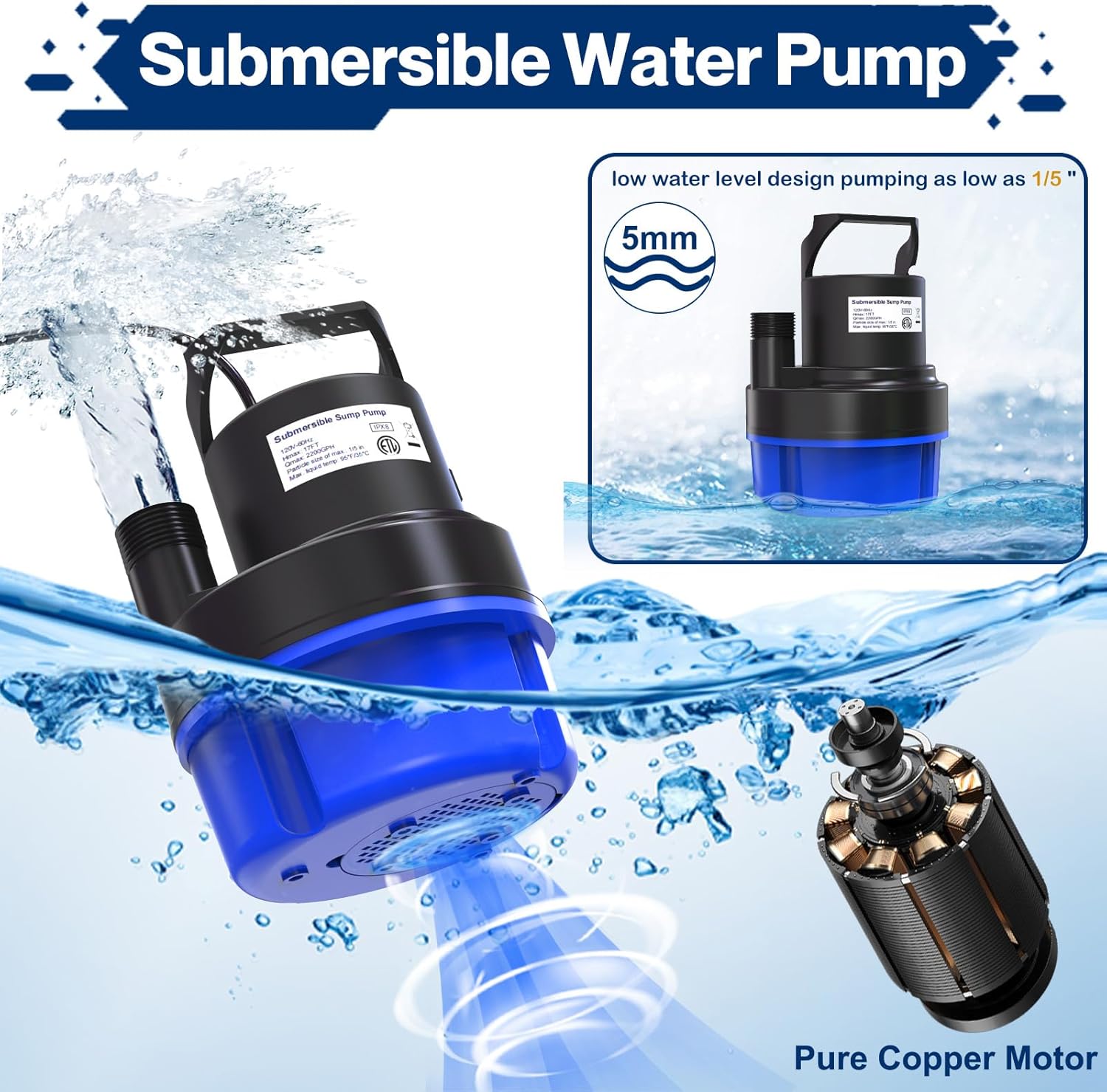 AgiiMan 1/2HP Submersible Water Pump, 2200GPH Portable Sump Pump for Pool Draining, Pool Cover Pump with 25FT Power Cord for Basements, Pool, Fountains, Hot Tub, Garden, SkyBlue