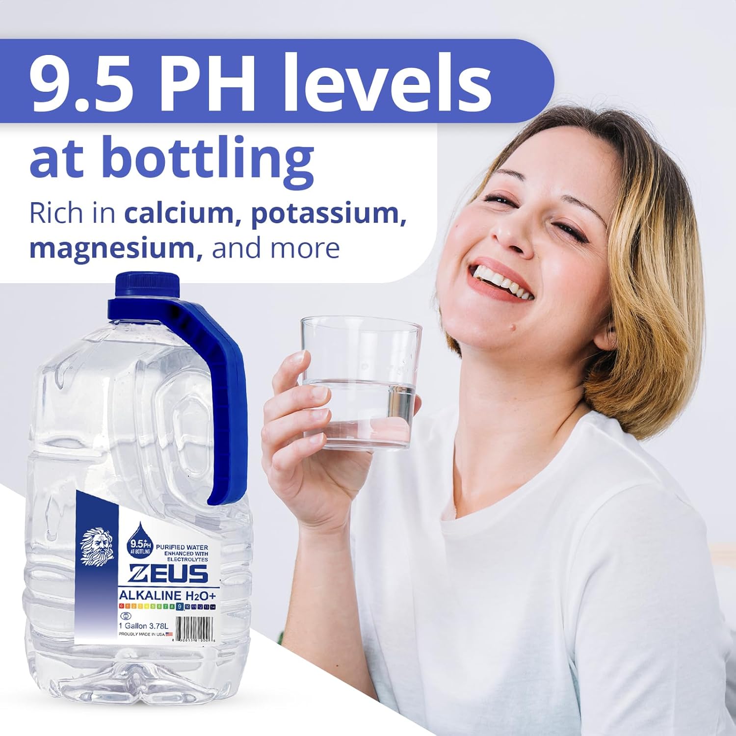 Zeus Alkaline Water Gallon 4-Pack | 9.5 pH Ionized Water with Electrolytes | Hydration Boost - Premium Drinking Water | Four One Gallon Bottles