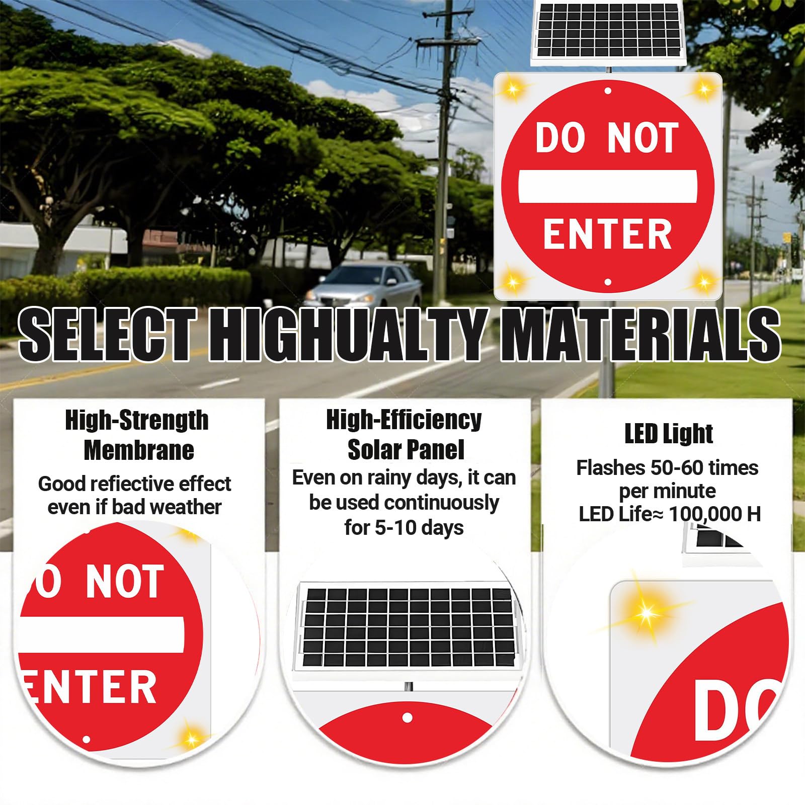 Cartel “Do Not Enter” De 24 X 24 Pulgadas, Señal Vial Cuadrada De Aluminio con LED Intermitente Alimentado por Energía Solar