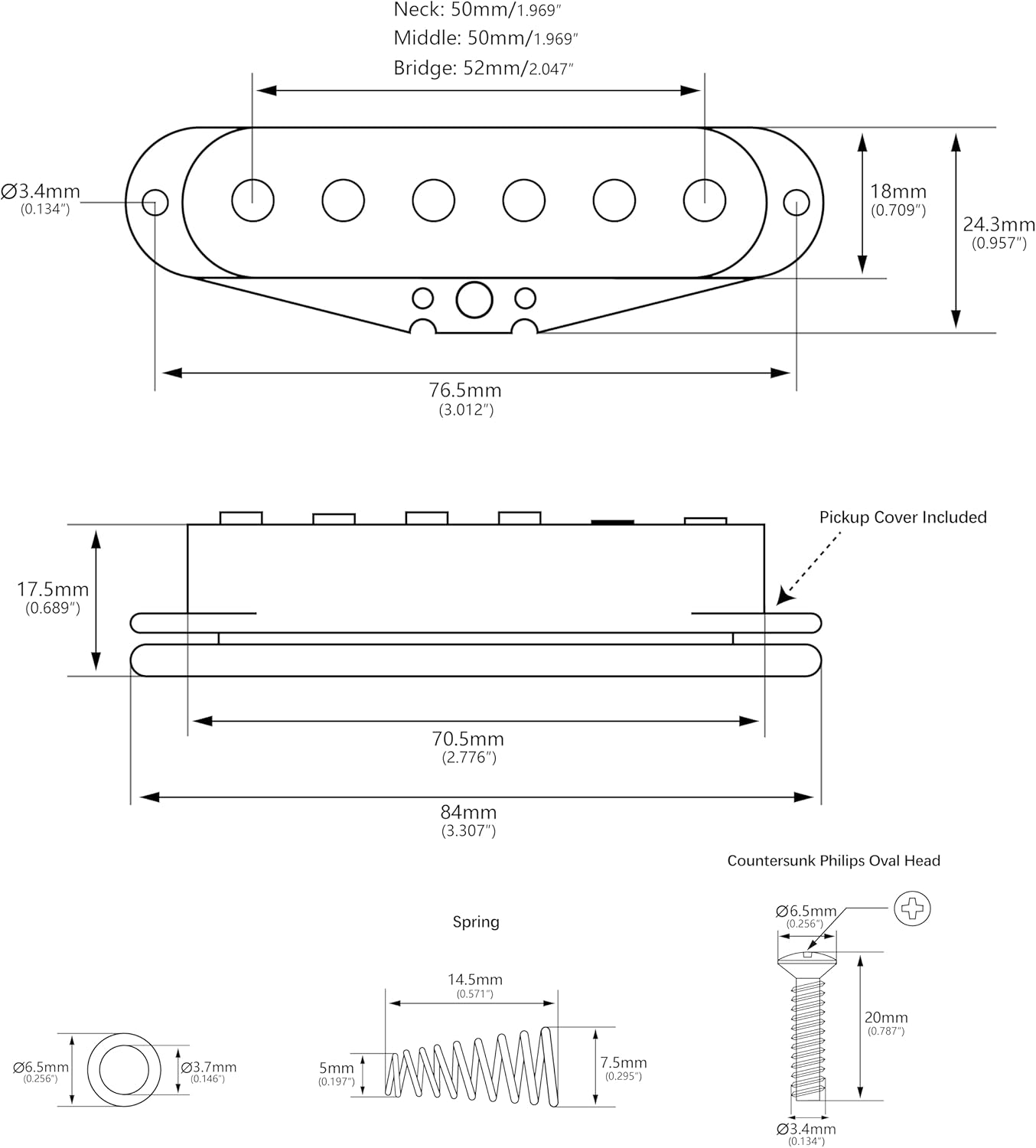 Banworks Alnico 5 Staggered SSS Pickups 50mm/50mm/52mm Neck/Middle/Bridge 5.6K-6.9K Single Coil Pickups Set for Stratocaster Strat ST Electric Guitar Pack of 3 JT/SYQ-01