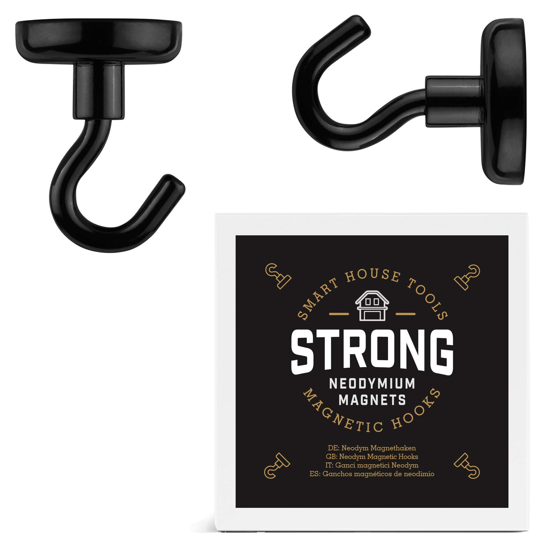 Smart House Tools Neodymium Magnetic Hook, Black, Diameter 32 x 49 mm, Adhesive Force 34 kg, Large, Extra Strong, Magnets Hook, Magnet Ø 32 x 49 mm Black (Pack of 2)
